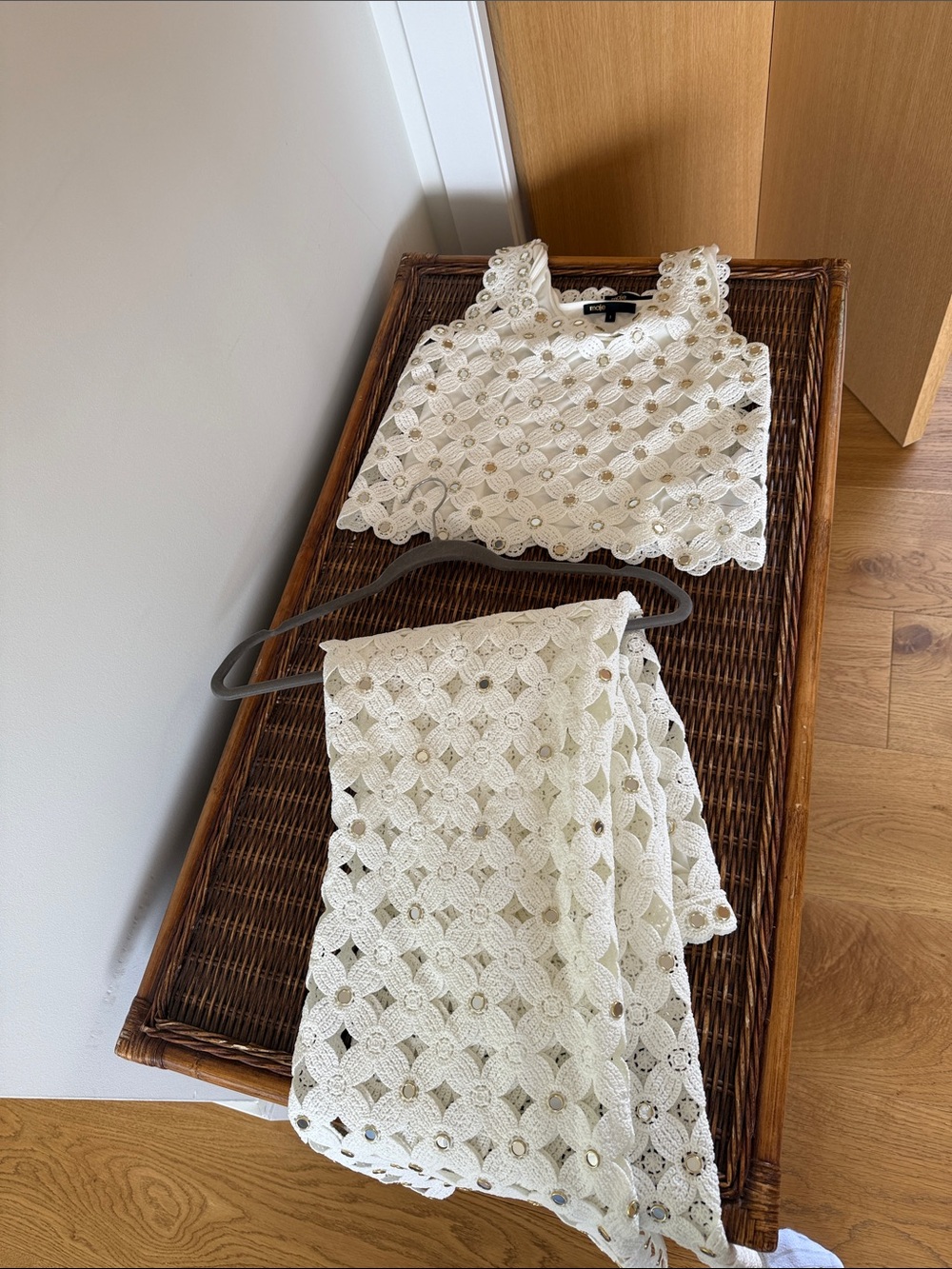 Maje Cream Crochet Two-Piece Set - Sleeveless Top & Skirt